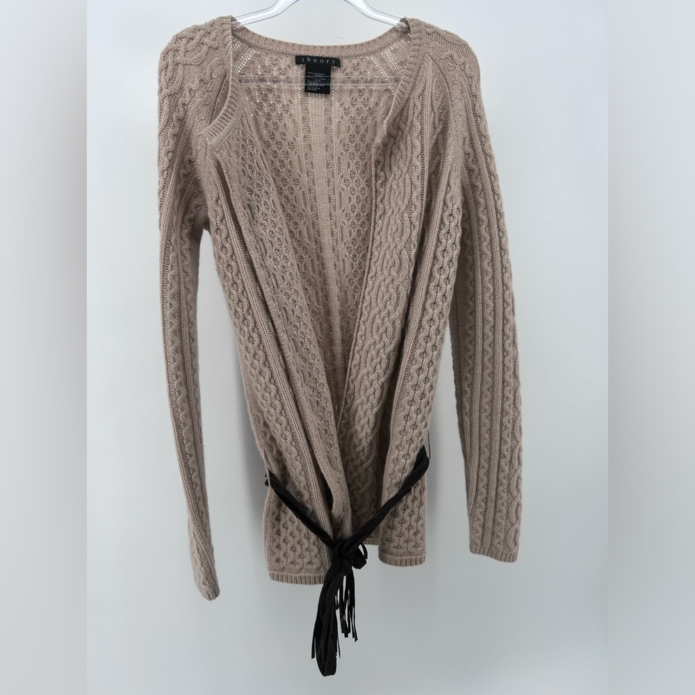 Theory 100% Cashmere Beige Cozy Cardigan With Brown Suede Tie Small